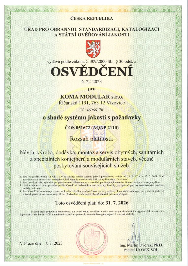 Osvědčení o shodě systému jakosti s požadavky ČSN EN ISO 9001:2016, ČOS 051672